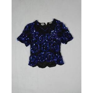 VTG Stenay Sequin Beaded Top Large 100% Silk Blue 80s Evening Wedding
